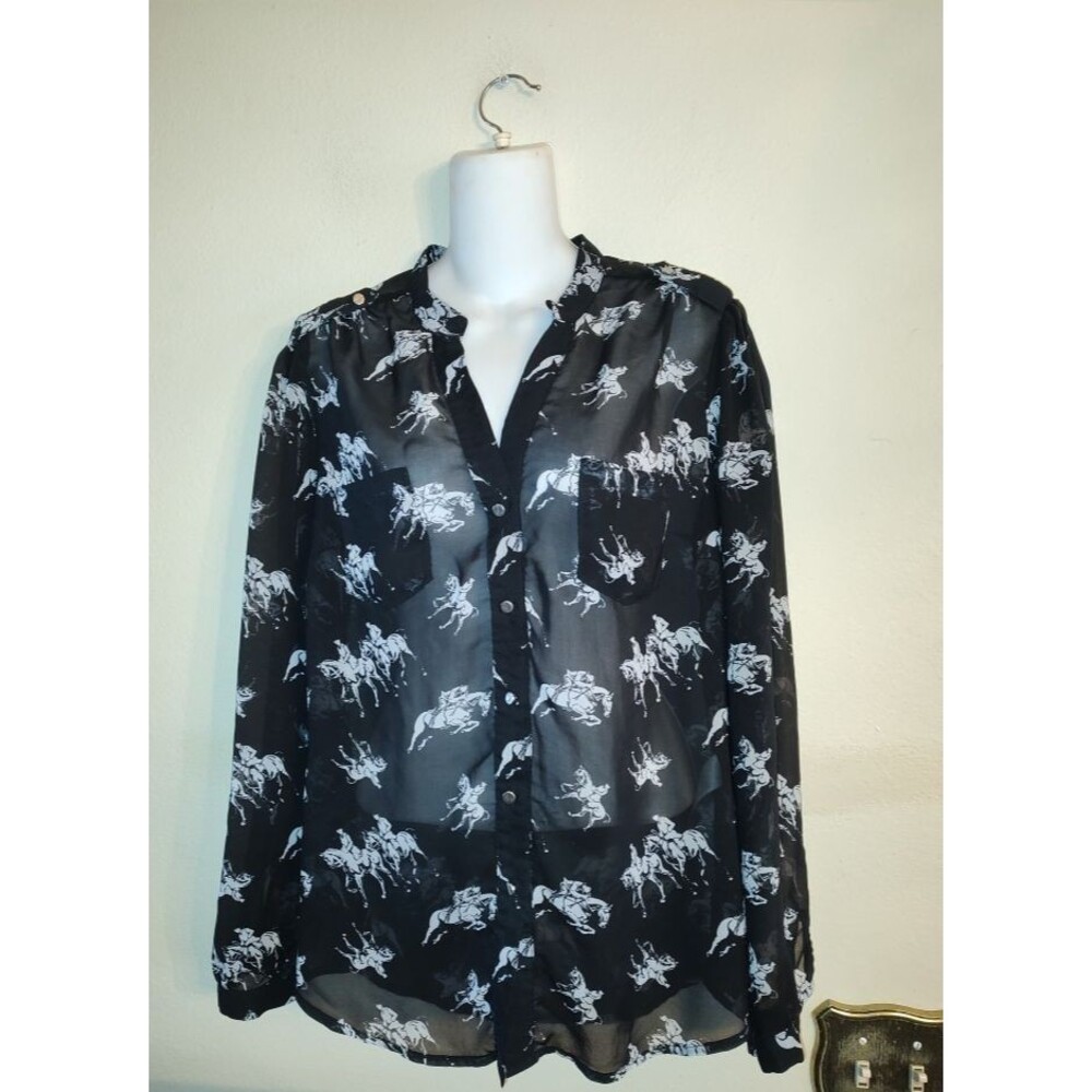 Womens Honigman Semi Sheer Black Shirt & White Horses Over all Size 40